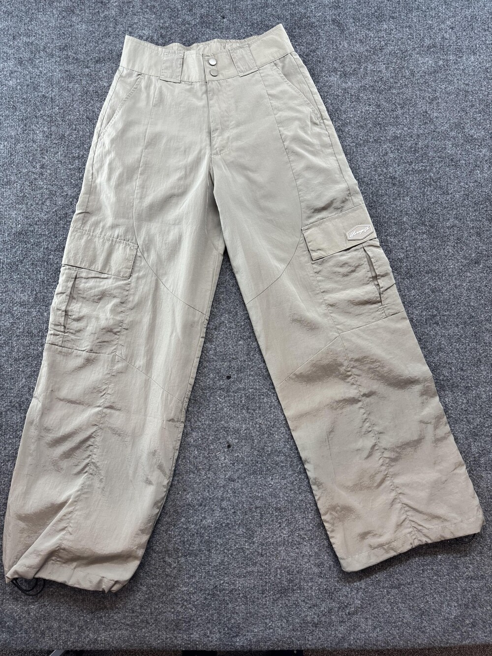 YoungLA Cargo Pants Mens XS Beige Wide Leg Elastic Waist Lined Drawcord Hem